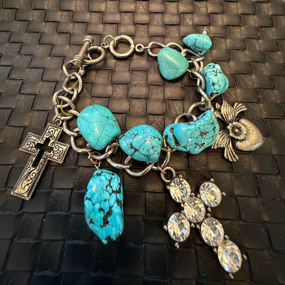 Adjustable Turquoise Silver Tone Charm Bracelet w/Crosses and Angel